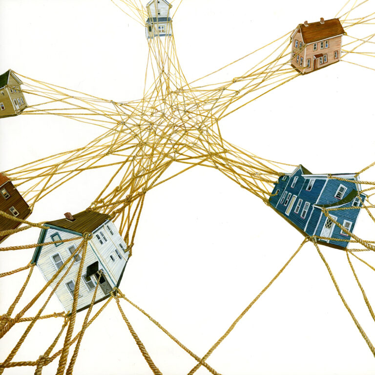 Illustration of six houses suspended in the air, each attached to thick yellow ropes that intertwine and connect at the center, forming a web-like structure against a white background.