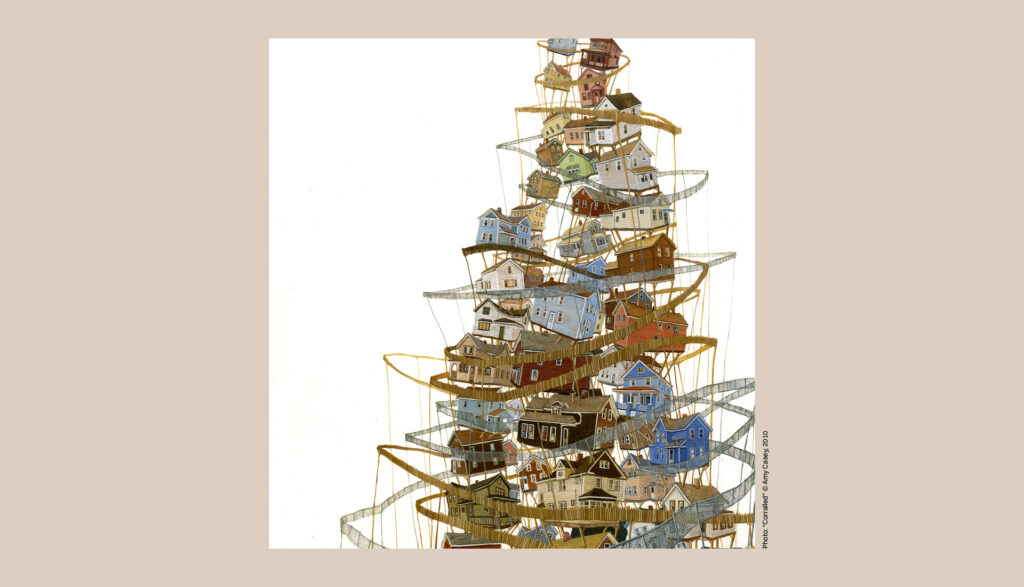 A whimsical illustration of a tall, spiraling structure made of stacked houses connected by winding ramps, set against a plain background. The varied houses symbolize the future of education—diverse, interconnected, and endlessly imaginative.