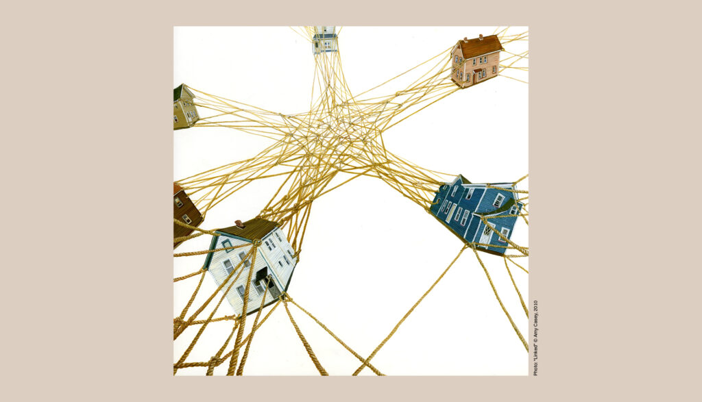 Illustration of seven houses suspended in the air, each connected by interwoven yellow ropes converging at a central knot, symbolizing interconnectedness or community—a visual metaphor for the future of education. The background is white with a beige border.
