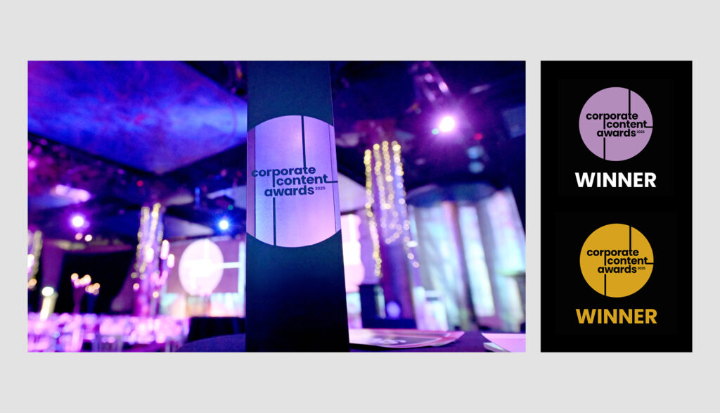 A corporate awards event hall with purple lighting and a sign reading "corporate content awards." Next to it are two award badges, one purple and one gold, both labeled "WINNER.