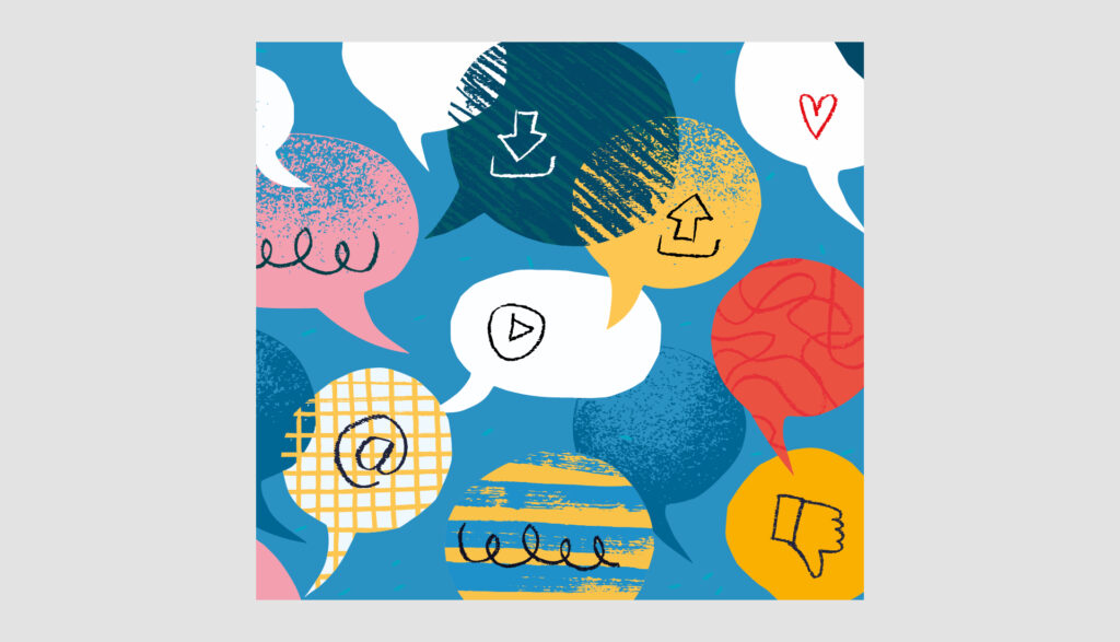 Colorful speech bubbles with various icons, including a heart, download, upload, play, at symbol, thumbs down, and scribbles, on a blue background.
