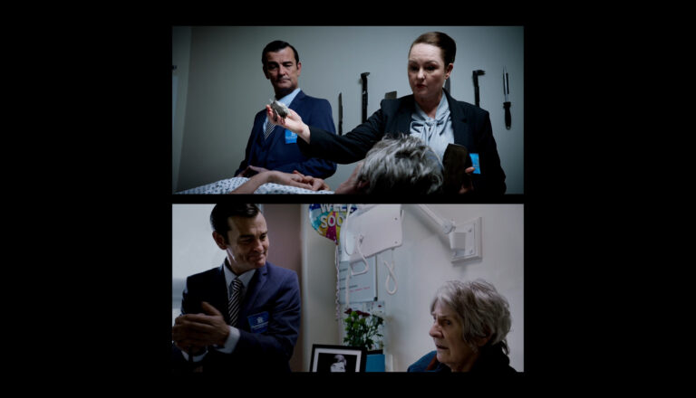 A split-screen image shows two scenes in a medical setting: the top shows a woman in a suit handing something to a patient, with a man in a suit standing nearby; the bottom shows the man clapping near an older woman sitting in a hospital room.