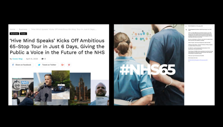 Split image: Left side shows a news article about a 65-stop NHS tour, featuring photos of people and buildings. Right side shows two healthcare workers from behind with the hashtag #NHS65 overlayed in bold white text.