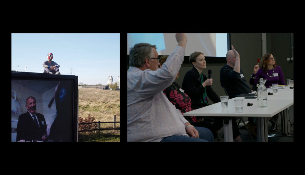 On the left, a screen outdoors shows a man shaking hands; above, a person stands on a mound. On the right, five people sit at a table in a panel, some raising their hands during a discussion.