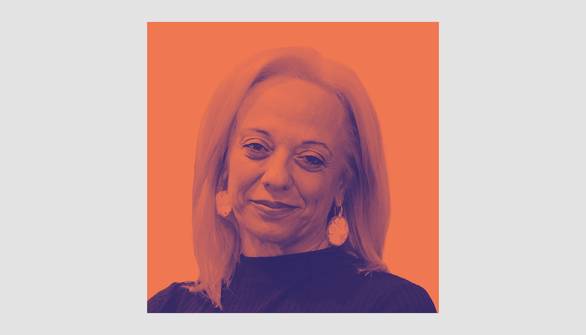 A stylized portrait of a woman with long hair, large earrings, and a neutral expression, shown in orange and purple tones against an orange background.