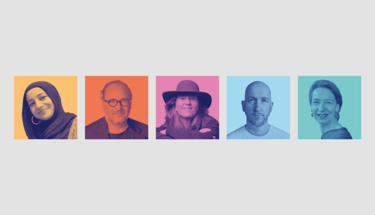 Five portraits of diverse people, each in a colored square (orange, pink, lavender, blue, turquoise) on a light gray background, showing different genders, ages, and expressions.