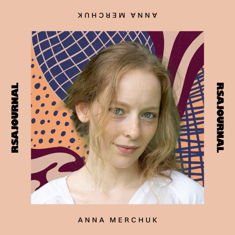 Portrait of a young woman with wavy blonde hair, smiling softly in front of a colorful abstract background. Text around the border reads "RSAJOURNAL" and "ANNA MERCHUK.