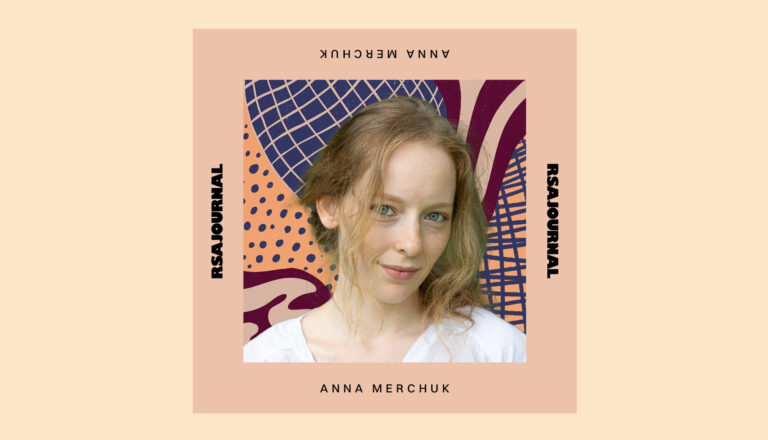 A young woman with light skin and wavy red hair stands in front of an abstract, colorful background. The text around the image reads "RSAJOURNAL," highlighting Anna Merchuk and Adarsh Ramchurn in bold letters.
