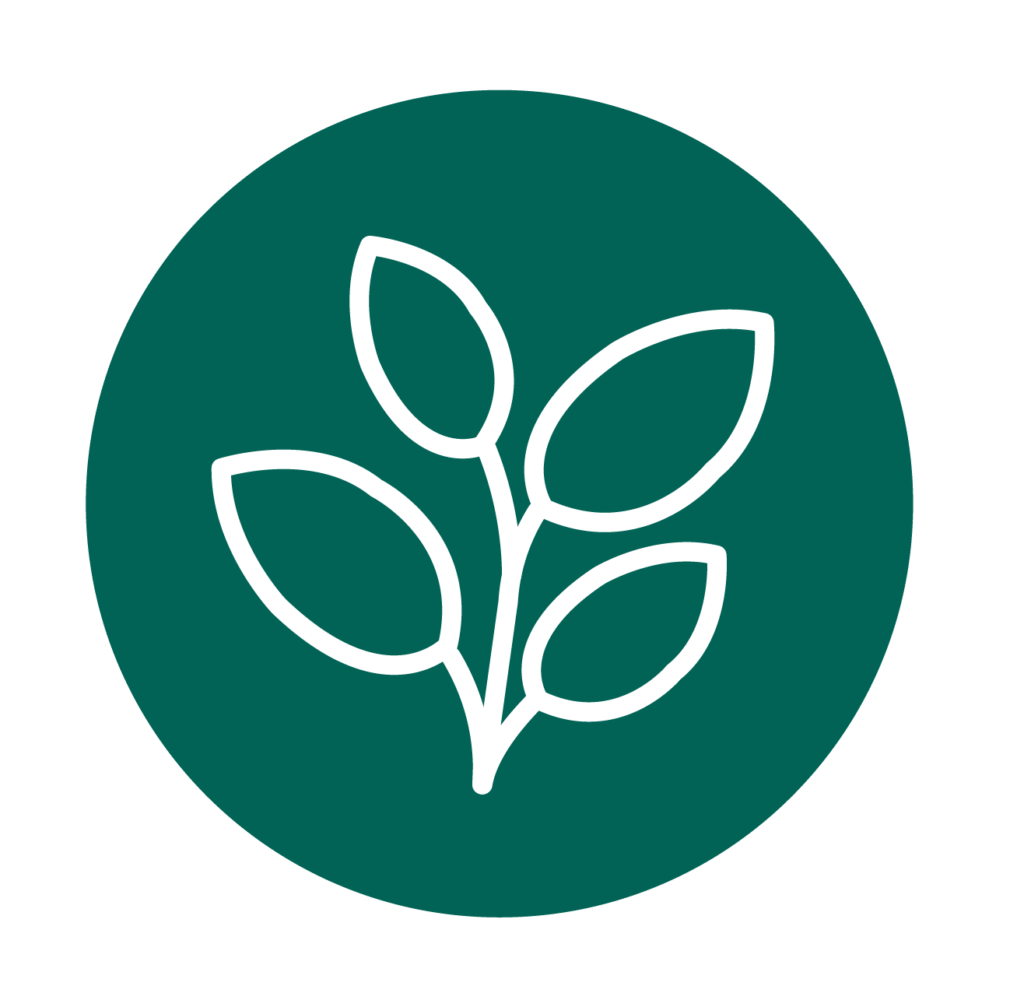 A simple white line drawing of a plant with five leaves inside a solid dark green circle on a light background.