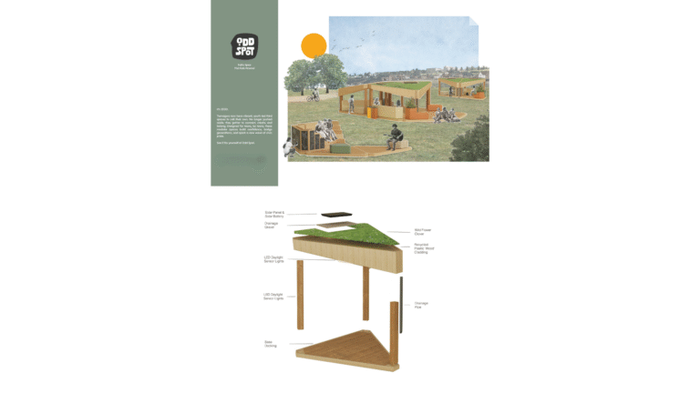 Architectural design board showing a grassy-roofed pavilion in a park, people relaxing nearby, and an exploded view diagram of the pavilion’s green roof, wooden frame, and decking components.