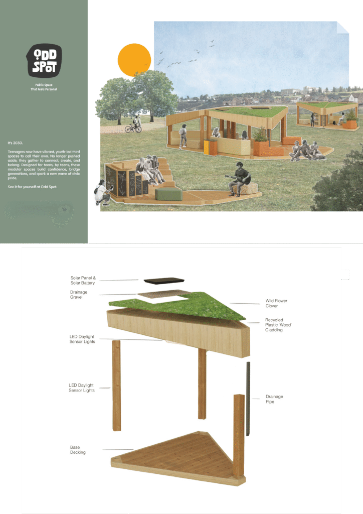 An architectural concept design features an outdoor community space with wooden seating, grass roofs, people interacting, and birds in the sky. Below, an exploded diagram shows the structure’s green roof, decking, and lighting components.