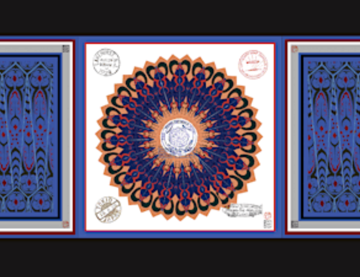A central circular mandala with intricate blue, orange, and red patterns sits on a white background, flanked by two geometric panels. This striking piece was recently showcased at an art exhibition in Osaka. Several red and black stamps appear on the white.