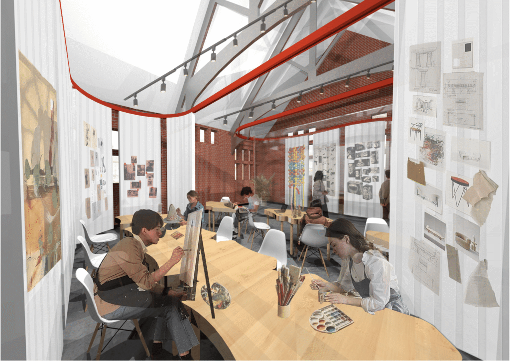 A modern art studio with large work tables, students painting and drawing, high ceilings with exposed beams, track lighting, and walls decorated with sketches, photos, and design boards.