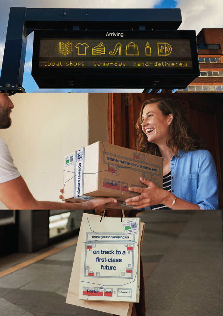 A digital sign reads “local shops, same-day, hand-delivered.” Below, a smiling woman receives a box. At the bottom, paper bags say “on track to a first-class future” with delivery-themed graphics.