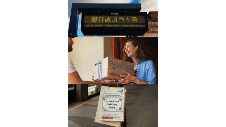 A digital sign displays local delivery icons; below, a smiling woman receives a package from a courier; at the bottom, a parcel displays a label reading “On track to a first-class future.”.