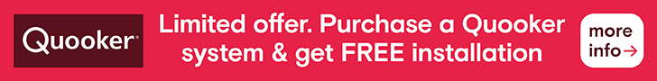 Banner with a red background promoting a Quooker system. Text reads: "Limited offer. Purchase a Quooker system & get FREE installation." A button on the right says "more info→".