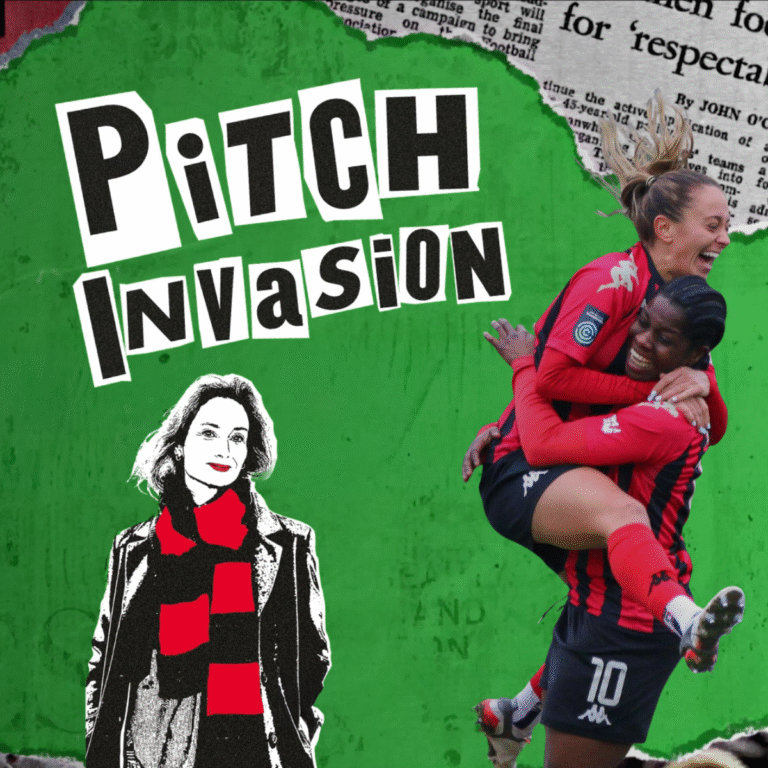Two women soccer players in red and black uniforms celebrate on a green background, highlighting the spirit of women's football. Above them, bold text reads "Pitch Invasion." An illustrated woman in a scarf stands on the left.