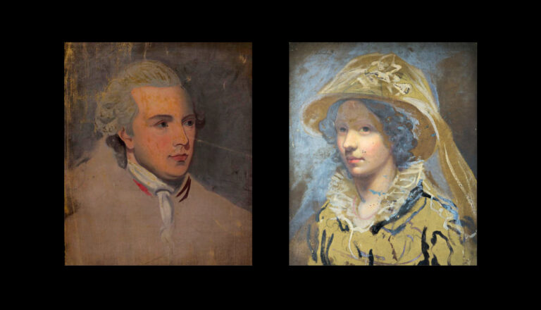 Two classical-style painted portraits nod to the history of lithography: on the left, a man with light hair in a pale coat and cravat; on the right, a woman in a yellow hat and lace collar, set against a dark background.