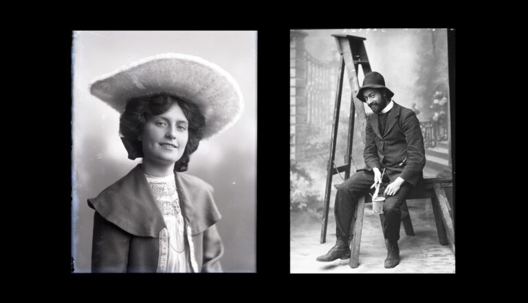 A vintage photo of a smiling woman in a large hat and a separate photo of a man with a paintbrush, evoking the era of Senefelder and the history of lithography, are set against a painted backdrop.