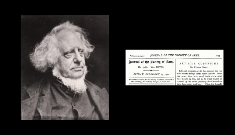 A black-and-white portrait of an older man with wavy white hair and sideburns is shown next to a scanned excerpt from a historical journal on the history of lithography, titled "Journal of the Society of Arts," dated February 9, 1900.