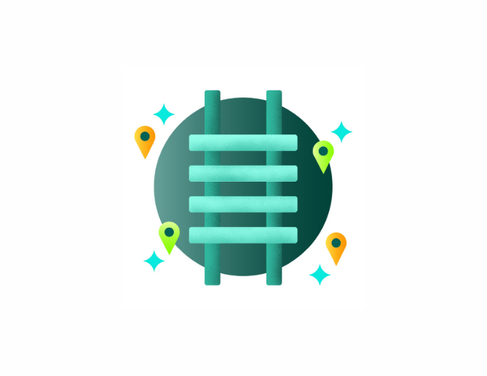 Illustration of railroad tracks in front of a dark green circle, with map location pins and sparkling stars around it, symbolizing train travel or route planning.