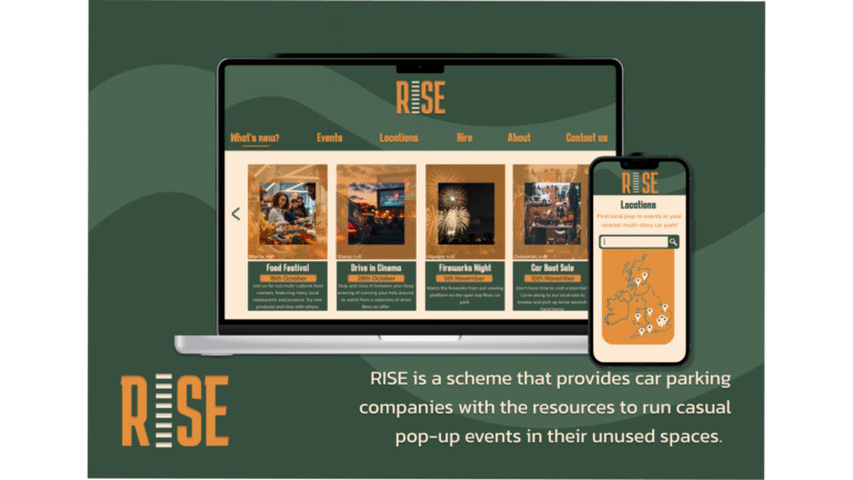 A laptop and smartphone display the RISE website, highlighting events and locations. The screen shows an orange and green design with event cards, a map, and RISE’s logo. Text explains RISE helps unused car parks host pop-up events.