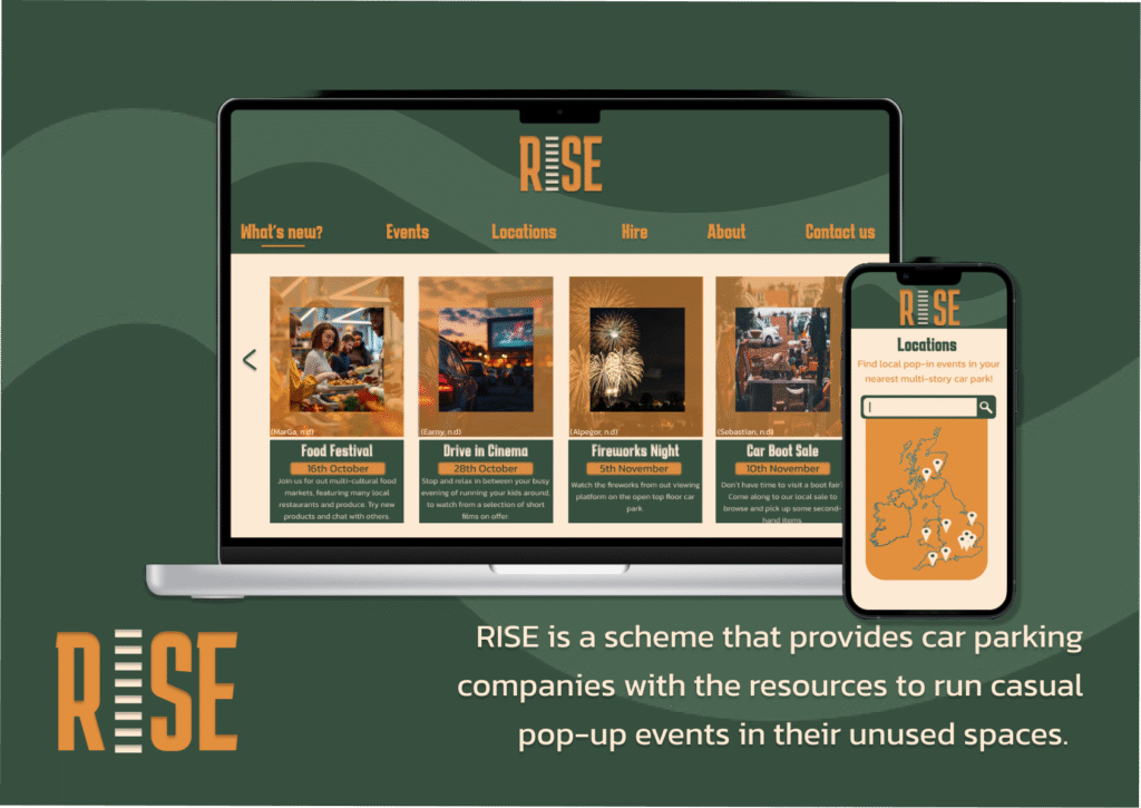 A laptop and smartphone display the RISE website, which offers event listings like food festivals and fireworks nights. Text explains that RISE helps car parks host pop-up events. The RISE logo appears in the corner.