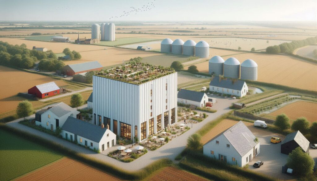 A modern, tall building with a rooftop garden stands in the center of a rural farm landscape, surrounded by traditional farmhouses, fields, and cylindrical silos under a clear sky.