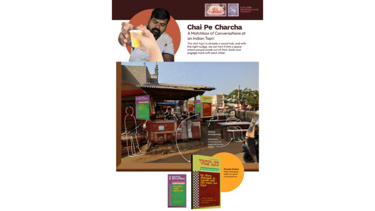 A man drinks chai above a street tea stall where people sit and chat. Text highlights “Chai Pe Charcha: A Meltdown of Conversations at an Indian Tapri,” with colorful signs and two books shown at the bottom.
