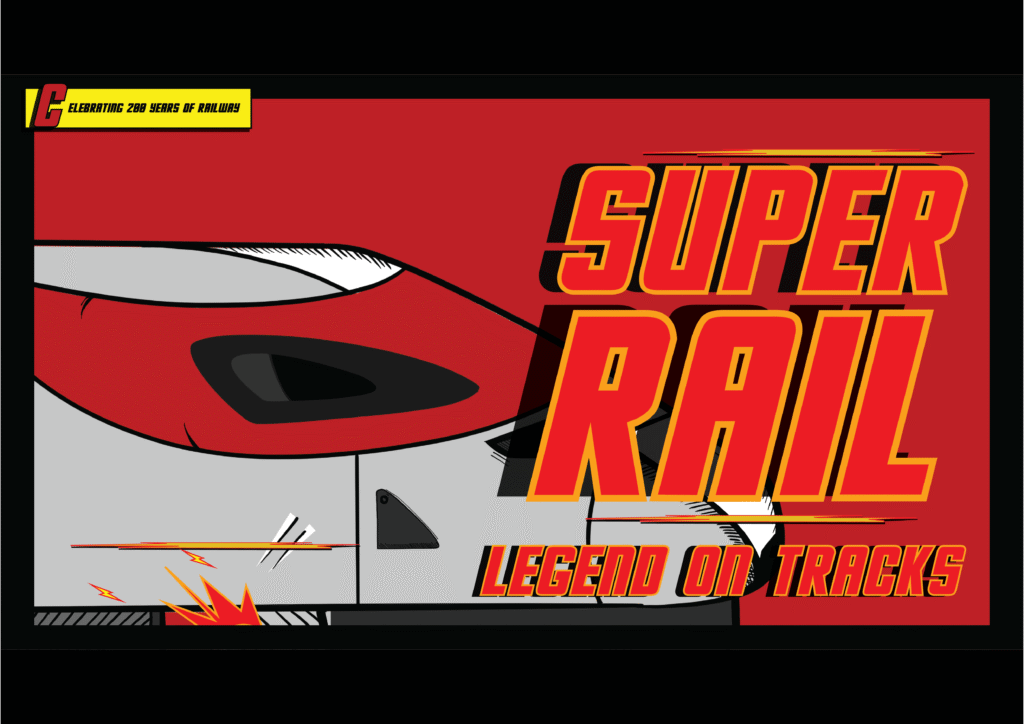 Comic-style poster featuring a close-up of a red and white high-speed train with bold yellow and red text reading "SUPER RAIL" and "LEGEND ON TRACKS." Top left corner notes "Celebrating 200 Series 41 Years.