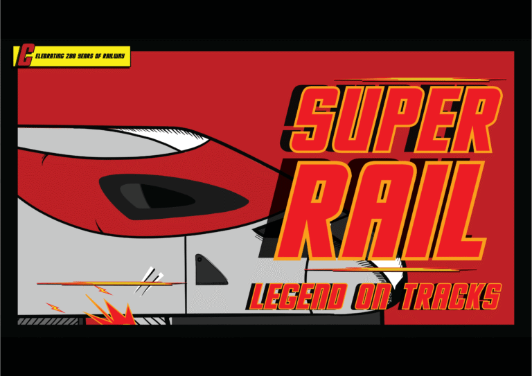 Comic-style poster featuring a close-up of a red and white high-speed train with bold yellow and red text reading "SUPER RAIL" and "LEGEND ON TRACKS." Top left corner notes "Celebrating 200 Series 41 Years.