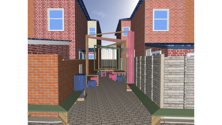 A paved alleyway between brick houses features colorful geometric frames and scattered block-shaped seats, with wooden benches and fences lining both sides under a partly cloudy sky.