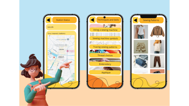 A cartoon woman points to three smartphone screens displaying a sewing app interface, featuring a map, sewing lessons, and images of clothing patterns and finished garments.