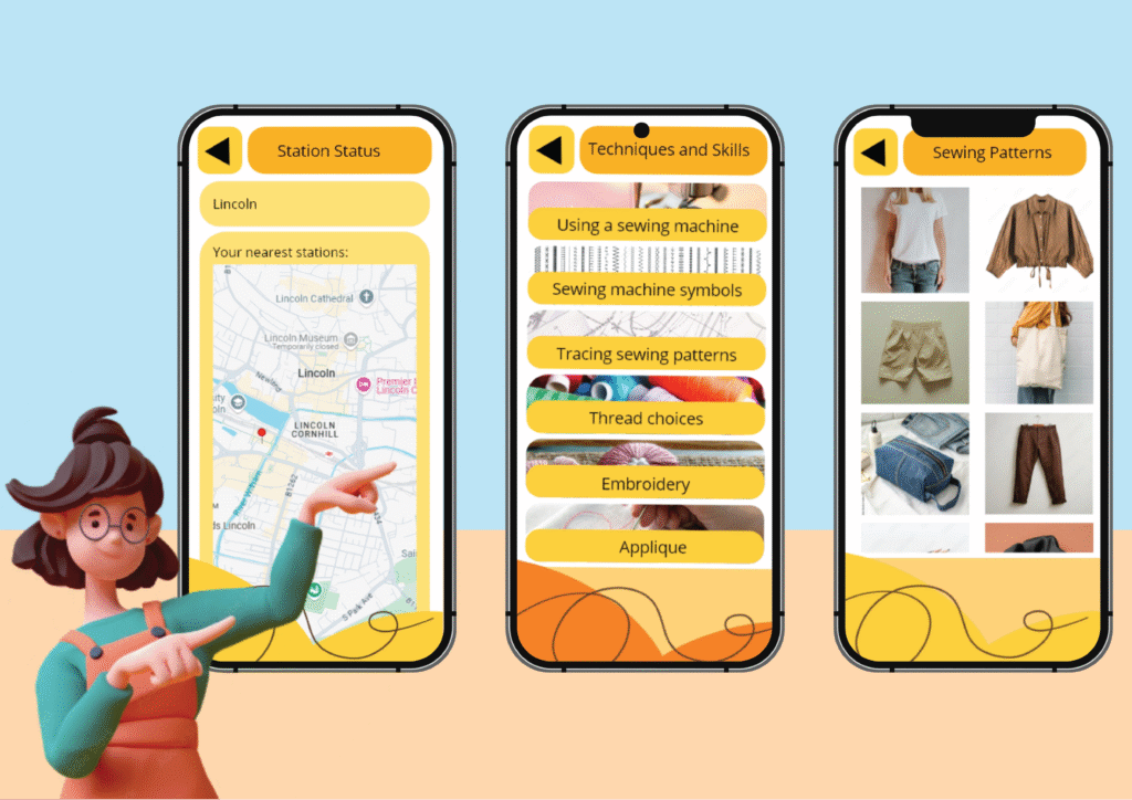 A cartoon woman points to three smartphone screens showing a sewing app with a map, a list of sewing techniques, and sewing patterns including shirts, jackets, pants, and bags.