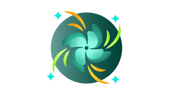 A teal and green swirling symbol with four blue sparkles at the corners and orange and yellow curved lines, set against a white background.