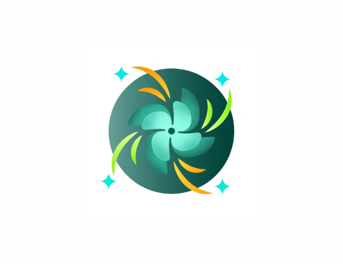 A teal circular emblem with swirling, petal-like shapes in the center, accented by orange and green curved lines and four small blue diamond stars in the corners, all on a white background.