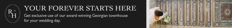Banner showing "YOUR FOREVER STARTS HERE" with details about exclusive use of an award-winning Georgian townhouse for weddings, featured in the RSA Journal, next to an overhead photo of a bride descending a decorative staircase.