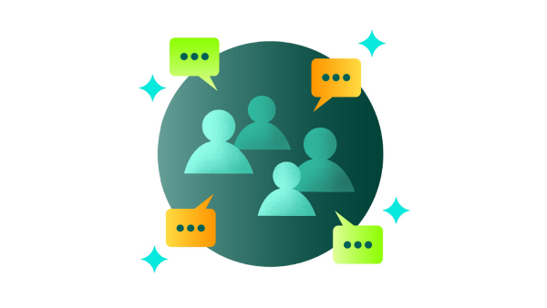 Illustration of four people icons inside a dark green circle, surrounded by colorful chat bubbles and decorative sparkles, representing group communication or discussion.