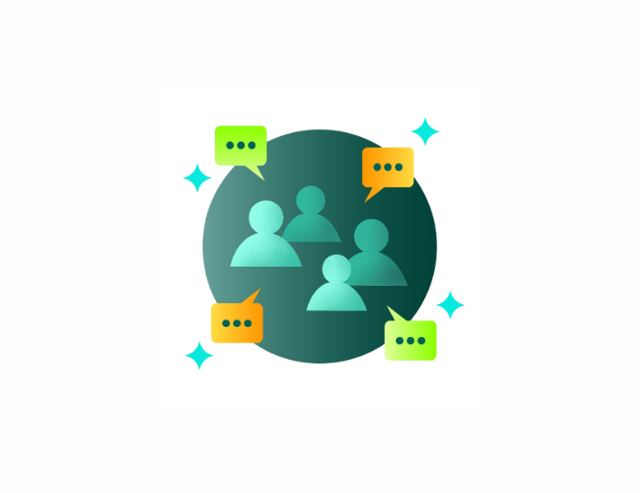 Illustration of four teal-colored people inside a dark green circle, surrounded by colorful speech bubbles and small star-like sparkles, representing communication or discussion.