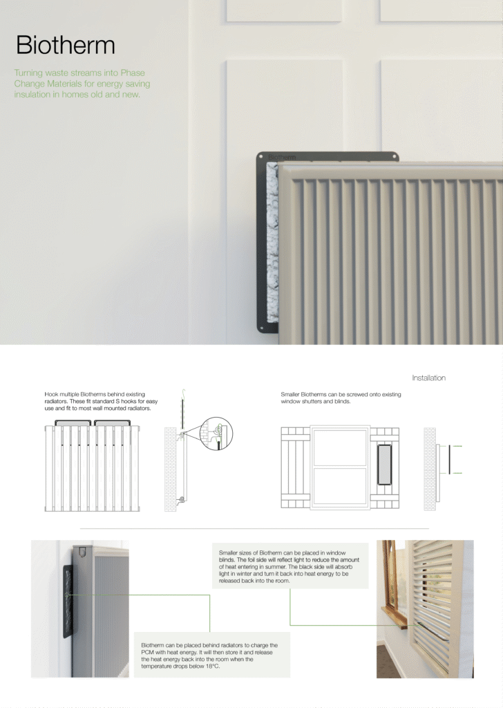 Biotherm insulation panel mounted on a white wall; below are detailed installation diagrams and instructions for integrating Biotherm with existing radiators, emphasizing energy savings and adaptable design.