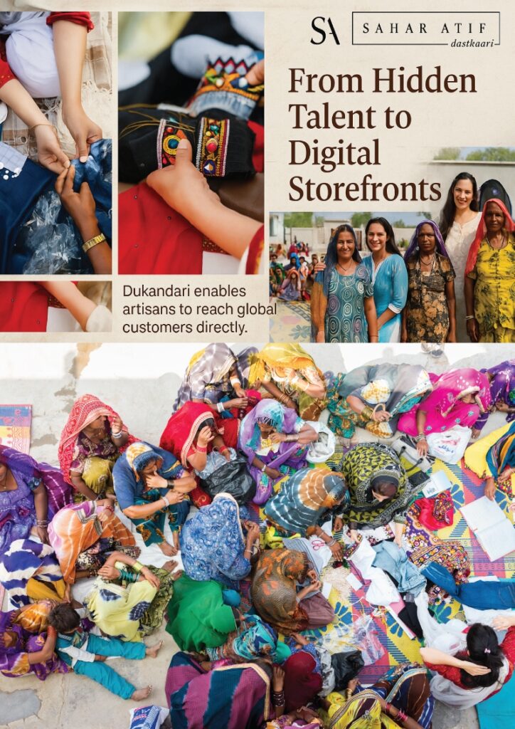 A collage featuring artisans embroidering fabric, three women smiling in front of a shop, and a group of women in colorful clothing sitting together on a large mat, with text promoting digital storefronts for artisans.