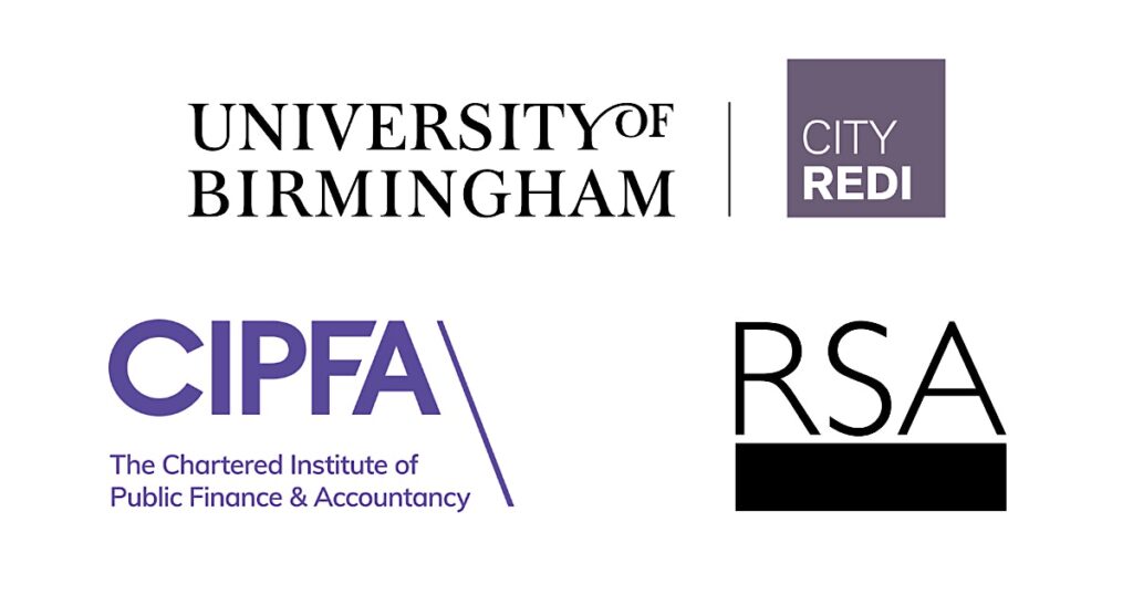 Four logos—University of Birmingham, City REDI, CIPFA, and RSA—highlight key partners collaborating for an upcoming sustainability event focused on the UN Sustainable Development Goals.