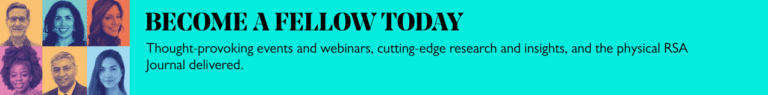 Colorful collage of diverse faces on the left with the text "Become a Fellow Today" in bold, followed by information about events, webinars, research, insights, and a physical journal being delivered.