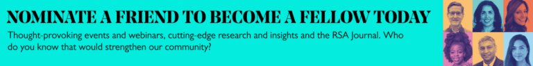 Banner with text "NOMINATE A FRIEND TO BECOME A FELLOW TODAY" and a message about events, research, and the RSA Journal. Right side features a colorful grid of diverse faces in blue, purple, orange, and yellow tones.