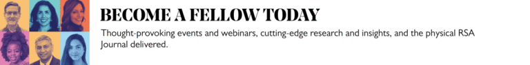 A banner with the text "Become a Fellow Today" and a description about events, webinars, research, RSA Journal delivery, alongside a colorful grid of diverse professional headshots.