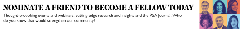 Banner with text: "Nominate a Friend to Become a Fellow Today" and a description about RSA events, rsa journal, and community, alongside a collage of diverse people’s faces in colorful squares on the right.