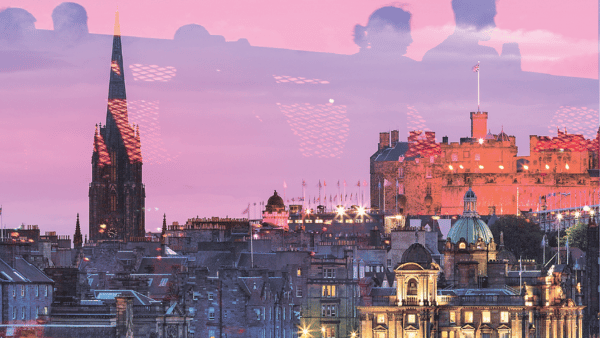 A cityscape of Edinburgh at sunset with the castle and church spires, under a pink sky. Reflections of people and lights appear in the foreground, creating a layered, dreamy effect.