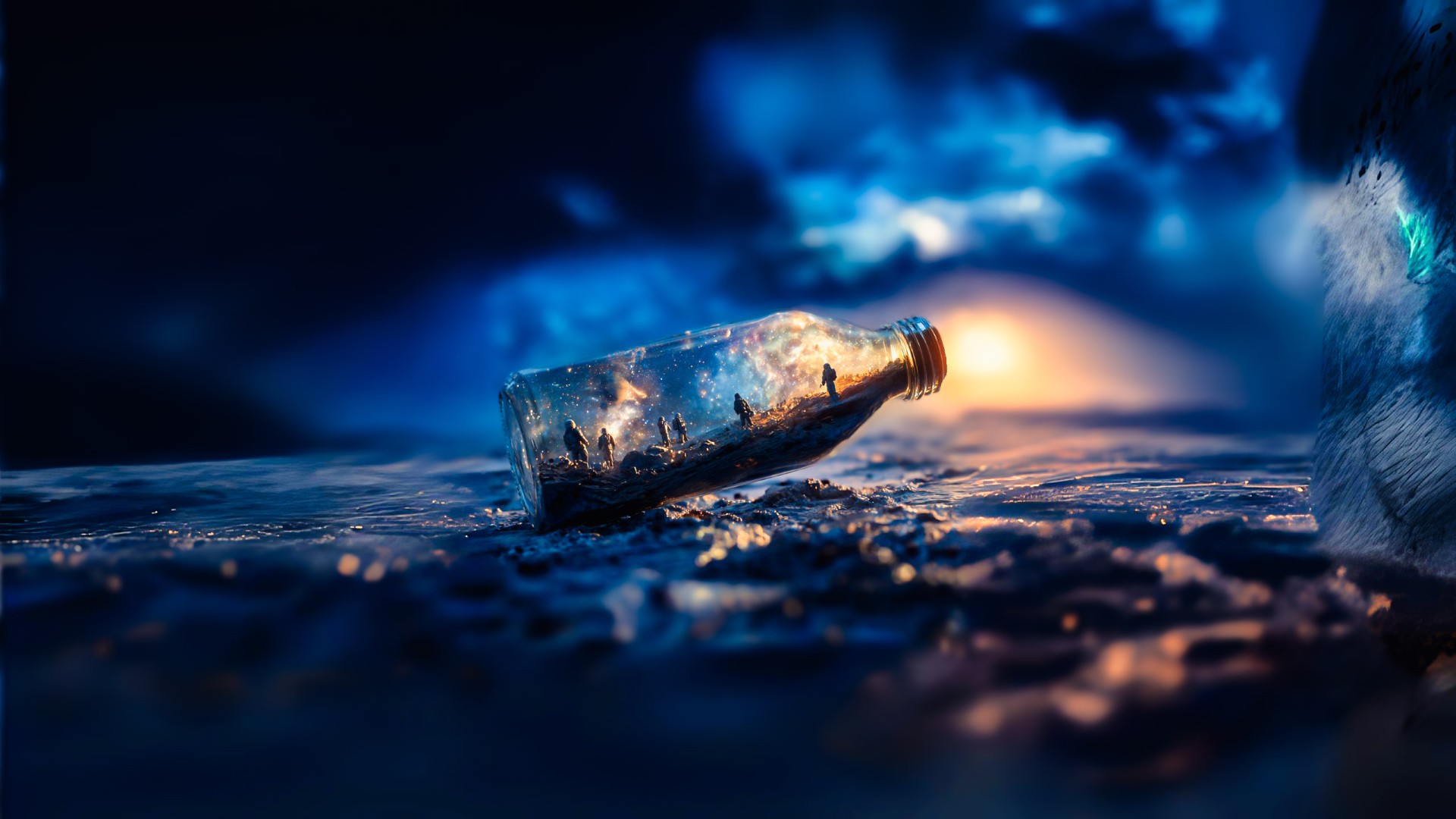 A glass bottle lies on its side on a beach at sunset, containing miniature human silhouettes and glowing lights—evoking the magic of a dreamy cambridge event beneath a blue-toned sky.