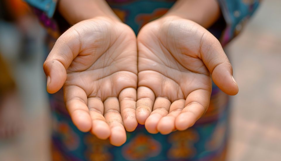 A close-up of two open hands held together, palms up, as if asking or offering. The background is blurred, and the person is wearing a colourful patterned garment.