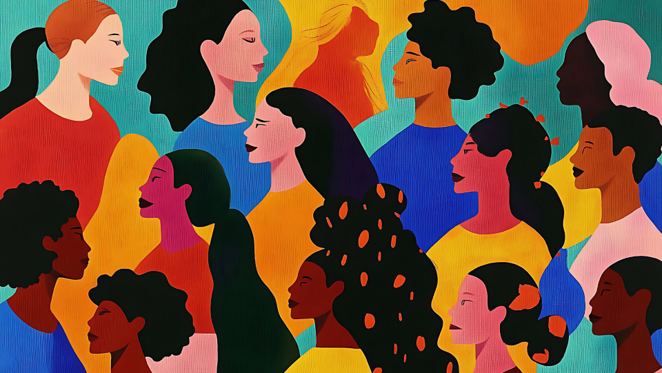 Colorful illustration of diverse women with different skin tones and hair styles, shown in profile and facing different directions against a vibrant teal background, celebrating community and gender equity.
